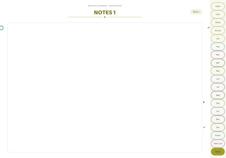 May include: A digital planner page titled NOTES 1 with a large blank white rectangular area for writing. The right side features a vertical navigation bar with oval tabs labeled Index, Year, Setup, Annual, Jan through Dec, Pixels, Daily Log, and Notes.