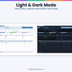 May include: A digital daily planner interface displayed in both light and dark modes. The screen shows a dashboard with sections for tasks, schedules, and notes, featuring the text Light & Dark Mode, Two looks, same automatic formulas, and BrightCellPlanners.