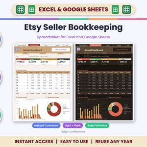 K&ouml;nnte beinhalten: Eine digitale Buchhaltungstabelle f&uuml;r Excel und Google Sheets mit dem Titel Etsy Seller Bookkeeping. Sie zeigt zwei Dashboard-Ansichten, eine im hellen und eine im dunklen Modus, mit j&auml;hrlichen Finanzdaten, Balkendiagrammen und Tortendiagrammen.