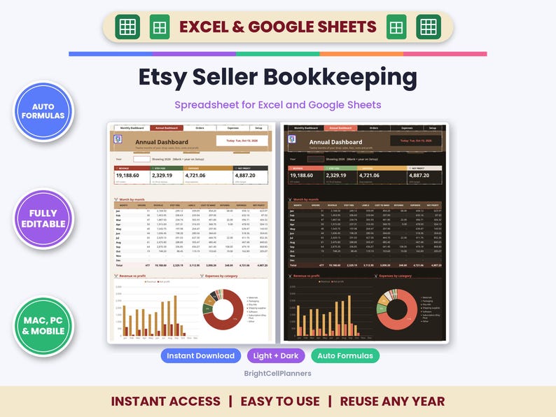 K&ouml;nnte beinhalten: Eine digitale Buchhaltungstabelle f&uuml;r Excel und Google Sheets mit dem Titel Etsy Seller Bookkeeping. Sie zeigt zwei Dashboard-Ansichten, eine im hellen und eine im dunklen Modus, mit j&auml;hrlichen Finanzdaten, Balkendiagrammen und Tortendiagrammen.