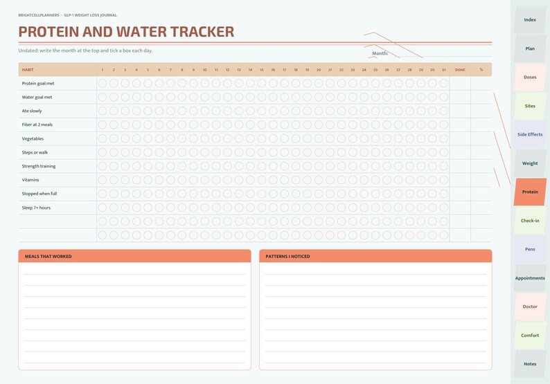 K&ouml;nnte beinhalten: Eine digitale Protein and Water Tracker Journal-Seite mit einem Raster zur t&auml;glichen Gewohnheitsverfolgung, einschlie&szlig;lich Zeilen f&uuml;r Protein, Wasser, Gem&uuml;se und Schlaf. Sie enth&auml;lt Abschnitte f&uuml;r funktionierende Mahlzeiten und bemerkte Muster.