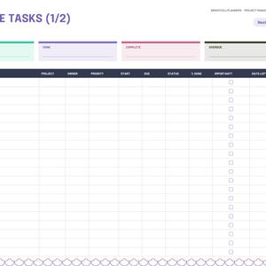 May include: A digital planner page titled Variable Tasks (1/2) featuring a task tracking table with columns for project, owner, priority, start, due, status, and percentage done. The layout includes color-coded boxes and a side navigation bar.
