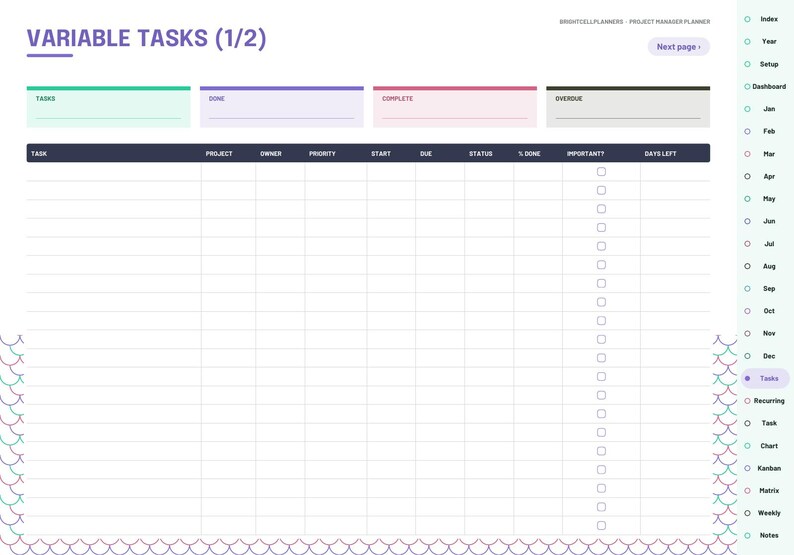 May include: A digital planner page titled Variable Tasks (1/2) featuring a task tracking table with columns for project, owner, priority, start, due, status, and percentage done. The layout includes color-coded boxes and a side navigation bar.
