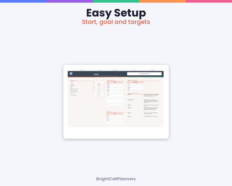 Może przedstawiać: Cyfrowy interfejs zatytułowany Easy Setup Start, goal and targets, przedstawiający stronę konfiguracji z r&oacute;żnymi polami wprowadzania danych, tabelami i sekcjami tekstowymi. Układ zawiera ciemny nagł&oacute;wek oraz napis BrightCellPlanners.