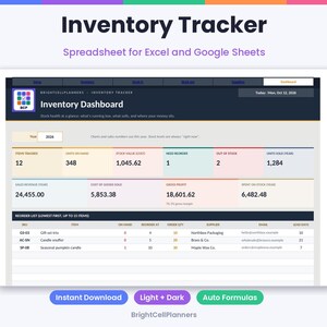 May include: An Inventory Tracker spreadsheet for Excel and Google Sheets featuring an Inventory Dashboard with data tables for items tracked, units on hand, stock value, sales revenue, gross profit, and a reorder list for various suppliers.
