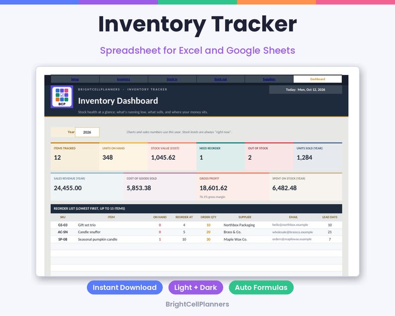 May include: An Inventory Tracker spreadsheet for Excel and Google Sheets featuring an Inventory Dashboard with data tables for items tracked, units on hand, stock value, sales revenue, gross profit, and a reorder list for various suppliers.