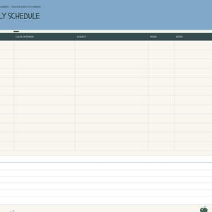 May include: A digital daily schedule planner page with a blue header labeled DAILY SCHEDULE. The cream-colored grid features columns for time, class, subject, room, and notes, decorated with small red and green apple icons along the edges.