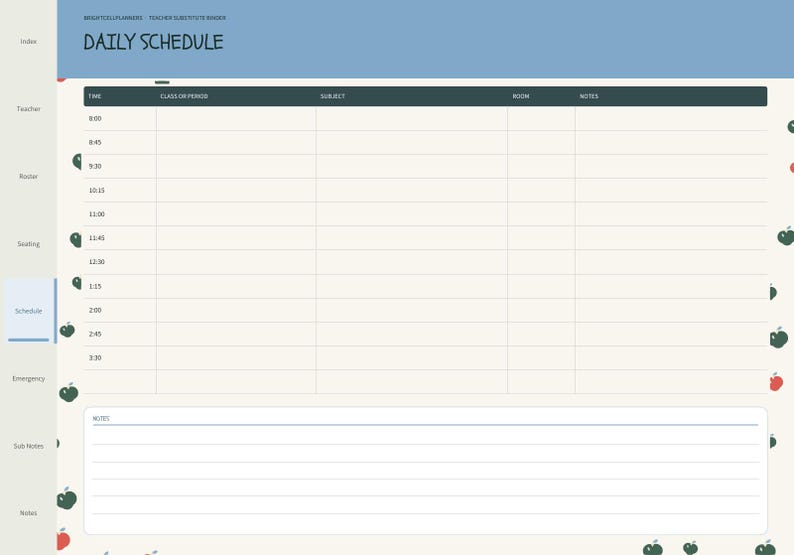 May include: A digital daily schedule planner page with a blue header labeled DAILY SCHEDULE. The cream-colored grid features columns for time, class, subject, room, and notes, decorated with small red and green apple icons along the edges.