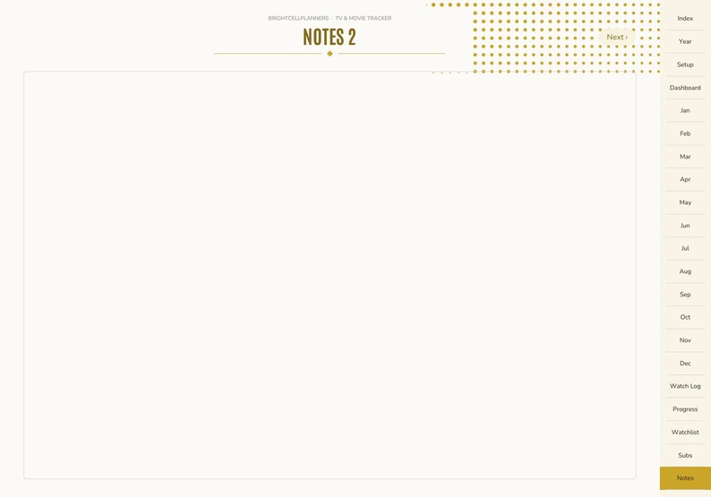 May include: A digital planner page titled NOTES 2 with a large blank central area. The top features the text BRIGHTCELLPLANNERS - TV & MOVIE TRACKER. A side navigation bar lists Index, Year, Setup, Dashboard, months from Jan to Dec, Watch Log, Progress, Watchlist, Subs, and Notes.
