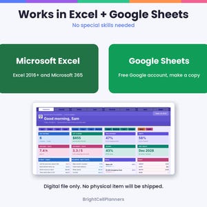 May include: A digital planner interface displayed on a screen, featuring sections for tasks, finances, and goals. Text includes Works in Excel + Google Sheets, Microsoft Excel, Google Sheets, and Good morning, Sam. The layout uses purple, green, and blue color blocks.