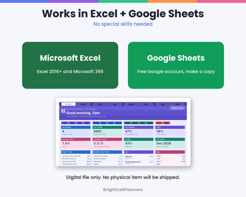 May include: A digital planner interface displayed on a screen, featuring sections for tasks, finances, and goals. Text includes Works in Excel + Google Sheets, Microsoft Excel, Google Sheets, and Good morning, Sam. The layout uses purple, green, and blue color blocks.