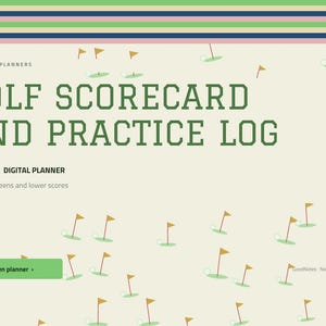 Peut inclure: Un planificateur numérique de carte de score et journal d'entraînement de golf sur fond crème avec un motif de petits drapeaux et balles de golf. Le texte indique BRIGHTCELLPLANNERS, GOLF SCORECARD AND PRACTICE LOG, UNDATED DIGITAL PLANNER.