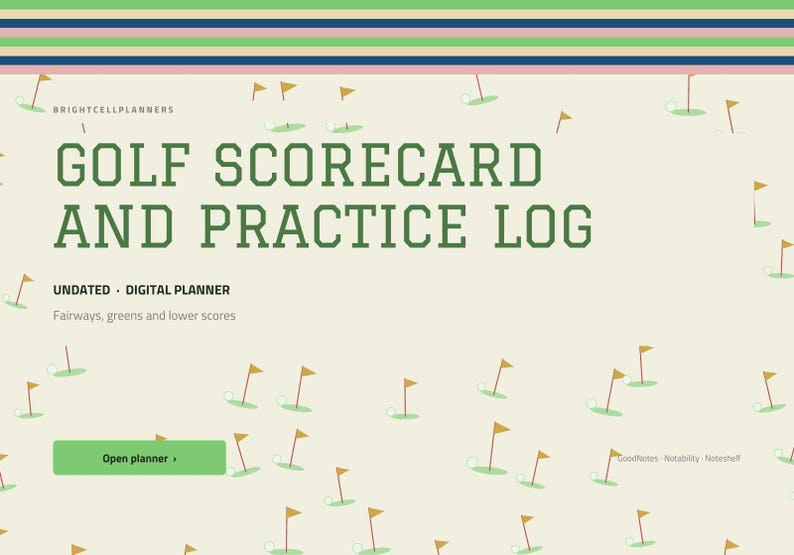 Puede incluir: Un planificador digital de tarjeta de puntuaci&oacute;n y registro de pr&aacute;ctica de golf con fondo crema y un patr&oacute;n de peque&ntilde;as banderas y pelotas de golf. El texto dice BRIGHTCELLPLANNERS, GOLF SCORECARD AND PRACTICE LOG, UNDATED DIGITAL PLANNER.