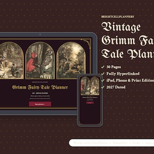 K&ouml;nnte beinhalten: Ein digitaler Planer auf einem Tablet- und Smartphone-Bildschirm mit dem Text 'Vintage Grimm Fairy Tale Planner' und '2027 Dated'. Die Benutzeroberfl&auml;che enth&auml;lt drei bogenf&ouml;rmige Illustrationen von M&auml;rchenszenen und einen Button 'Open planner'.
