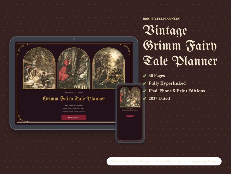 K&ouml;nnte beinhalten: Ein digitaler Planer auf einem Tablet- und Smartphone-Bildschirm mit dem Text 'Vintage Grimm Fairy Tale Planner' und '2027 Dated'. Die Benutzeroberfl&auml;che enth&auml;lt drei bogenf&ouml;rmige Illustrationen von M&auml;rchenszenen und einen Button 'Open planner'.
