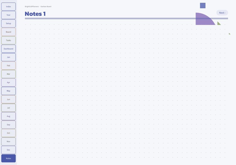 May include: A digital planner page titled Notes 1 with a dot grid background. The left side features a vertical navigation bar with tabs labeled Index, Year, Setup, Board, Tasks, Dashboard, and months from Jan to Dec. A Next button is at the top right.