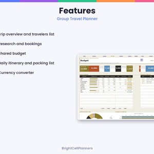 May include: A digital group travel planner template featuring a budget dashboard with tables, charts, and categories. The text includes Features, Group Travel Planner, Trip overview and travelers list, Research and bookings, Shared budget, Daily itinerary and packing list, Currency converter, and BrightCellPlanners.