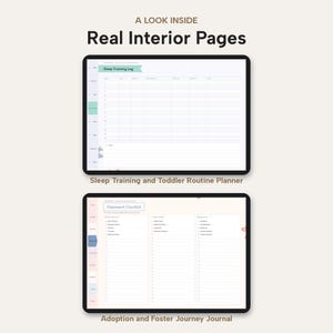 Puede incluir: Dos pantallas de tableta digital que muestran p&aacute;ginas de planificador. La pantalla superior muestra un registro de entrenamiento de sue&ntilde;o con columnas para hora y notas. La pantalla inferior muestra una lista de verificaci&oacute;n de documentos.