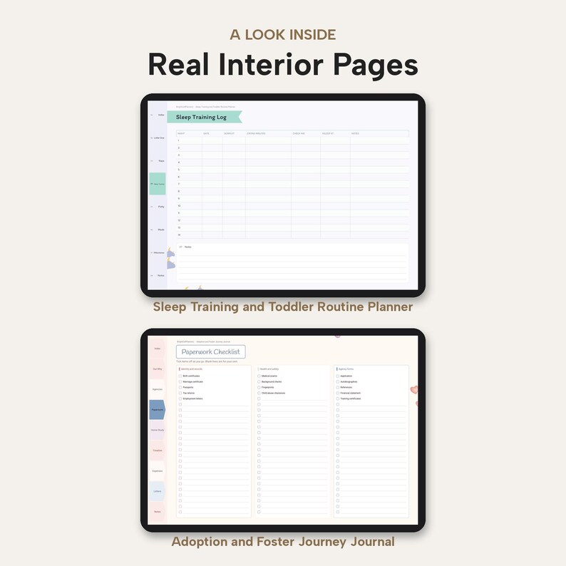 Puede incluir: Dos pantallas de tableta digital que muestran p&aacute;ginas de planificador. La pantalla superior muestra un registro de entrenamiento de sue&ntilde;o con columnas para hora y notas. La pantalla inferior muestra una lista de verificaci&oacute;n de documentos.