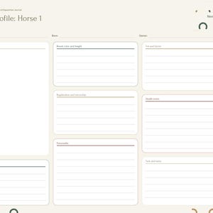 May include: A digital horse profile planner page with a cream background and brown horseshoe icons. The layout includes fields for name, barn, owner, photo, breed, color, height, registration, microchip, vet, farrier, health, personality, and tack.