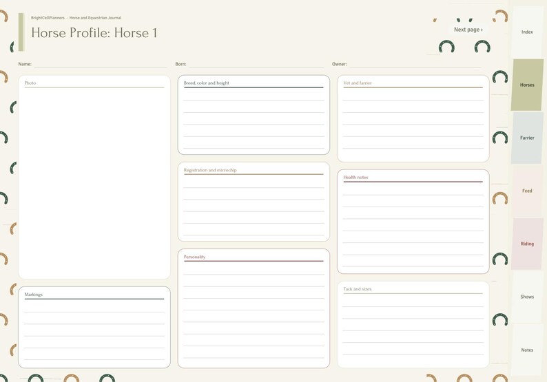 May include: A digital horse profile planner page with a cream background and brown horseshoe icons. The layout includes fields for name, barn, owner, photo, breed, color, height, registration, microchip, vet, farrier, health, personality, and tack.