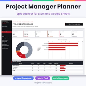 Puede incluir: Una hoja de c&aacute;lculo Project Manager Planner para Excel y Google Sheets. El panel muestra una visi&oacute;n general del proyecto con m&eacute;tricas de tareas, un gr&aacute;fico de anillos, un gr&aacute;fico de barras y una tabla de progreso. Texto: Project Manager Planner, Project Dashboard y Today Tue, Oct 13, 2026.