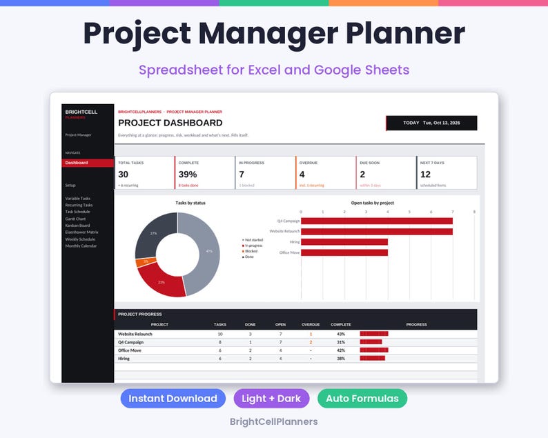 Puede incluir: Una hoja de c&aacute;lculo Project Manager Planner para Excel y Google Sheets. El panel muestra una visi&oacute;n general del proyecto con m&eacute;tricas de tareas, un gr&aacute;fico de anillos, un gr&aacute;fico de barras y una tabla de progreso. Texto: Project Manager Planner, Project Dashboard y Today Tue, Oct 13, 2026.