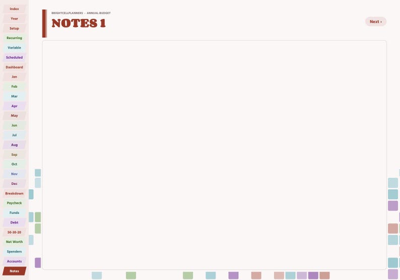 May include: A digital planner page titled NOTES 1 with a large blank white central area. The left sidebar features a vertical list of colorful navigation tabs labeled Index, Year, Setup, Recurring, Variable, Scheduled, Dashboard, months, and categories.