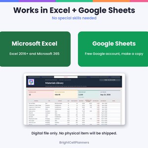 May include: A digital spreadsheet template for Microsoft Excel and Google Sheets titled Materials Library. The interface displays columns for material names, types, suppliers, costs, and quantities. Text includes Works in Excel + Google Sheets.