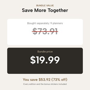 May include: A graphic display titled BUNDLE VALUE Save More Together. It lists 9 planners bought separately for $73.91, crossed out, and a bundle price of $19.99. Text below states You save $53.92 (73% off) and Every edition and the bonus stickers included.
