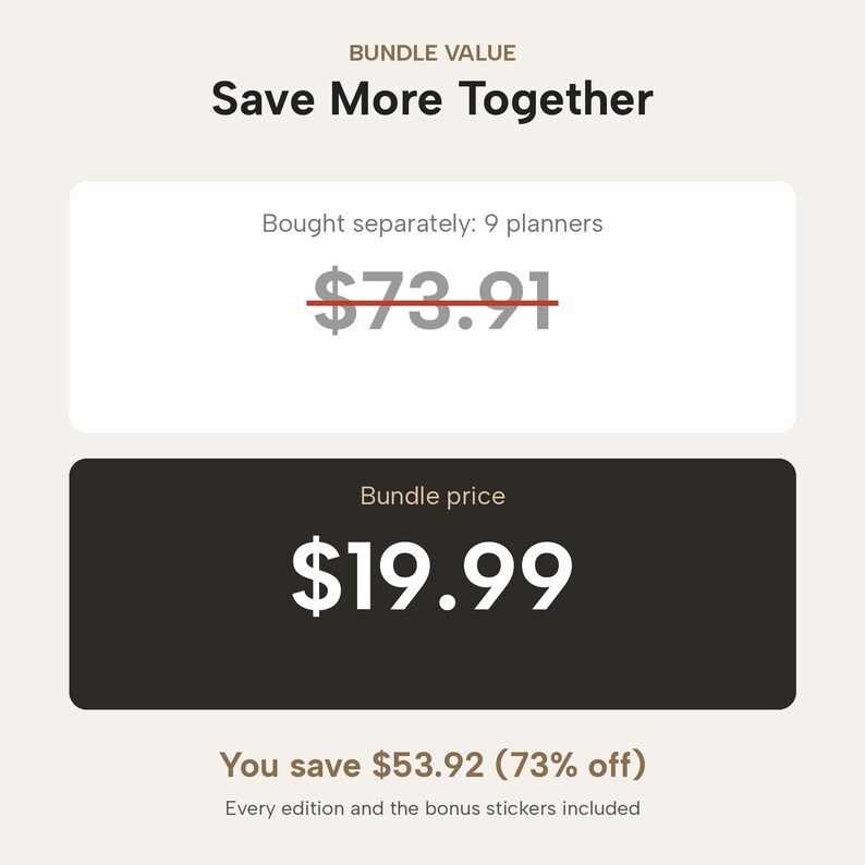 May include: A graphic display titled BUNDLE VALUE Save More Together. It lists 9 planners bought separately for $73.91, crossed out, and a bundle price of $19.99. Text below states You save $53.92 (73% off) and Every edition and the bonus stickers included.