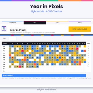 Puede incluir: Una interfaz digital de seguimiento de TDAH Year in Pixels en modo claro. El panel muestra una cuadr&iacute;cula de cuadrados de colores que representan los d&iacute;as, con n&uacute;meros que indican las puntuaciones de enfoque. El texto incluye Year in Pixels, Light mode, ADHD Tracker e instrucciones sobre c&oacute;mo leer las puntuaciones de enfoque magenta, amarillo y azul.