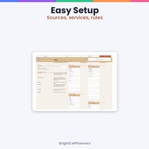 May include: A digital setup interface for sources, services, and rules with the text Easy Setup, Sources, services, rules, and BrightCellPlanners. The layout features beige and white columns with input fields and organized data categories.
