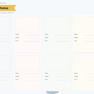 May include: A digital planner page titled First Year Photos with eight rectangular frames for images. Each frame includes lines for Month, Weight, and Loves. The right side features a vertical navigation tab menu with labels including Index, Setup, Daily, Feeding, Diapers, Sleep, Pumping, Growth, Checkups, Medicine, Milestone, Routine, Photos, Essentials, and Notes.