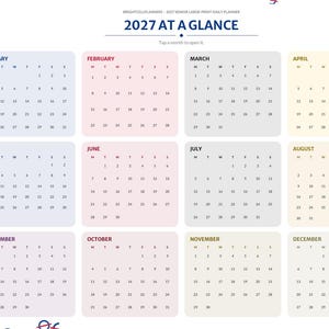 May include: A 2027 digital planner page titled 2027 AT A GLANCE, featuring twelve monthly calendars in pastel-colored boxes. A vertical navigation sidebar on the left lists months and sections like Medications, Contacts, and Birthdays.