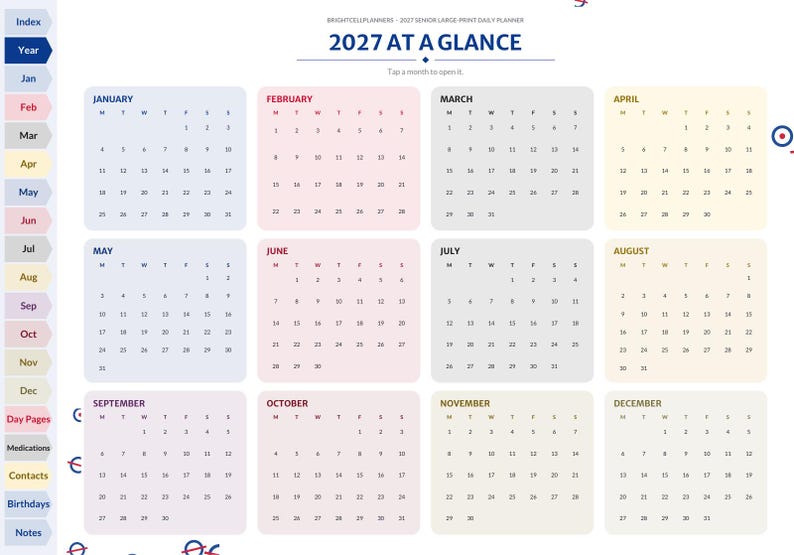 May include: A 2027 digital planner page titled 2027 AT A GLANCE, featuring twelve monthly calendars in pastel-colored boxes. A vertical navigation sidebar on the left lists months and sections like Medications, Contacts, and Birthdays.