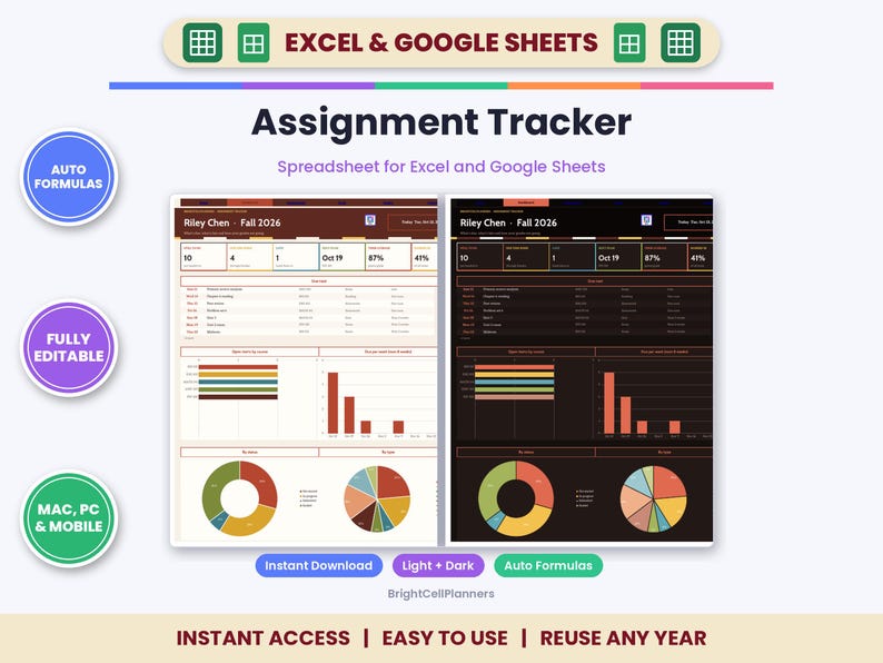 May include: An assignment tracker spreadsheet for Excel and Google Sheets featuring light and dark mode versions. The interface displays student name Riley Chen, Fall 2026, progress metrics, task lists, bar charts, and colorful pie charts.