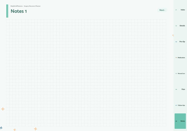 May include: A digital surgery recovery planner page titled Notes 1 with a light green grid background. The right sidebar features navigation tabs labeled Index, Details, Pre-Op, Medication, Wound Care, Pain, Follow-Ups, and Notes.