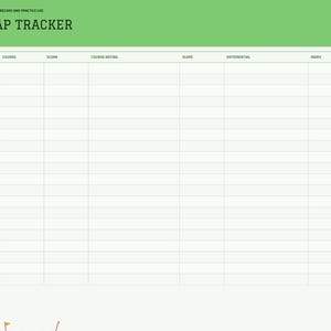 Puede incluir: Una p&aacute;gina digital de seguimiento de h&aacute;ndicap de golf con un encabezado verde etiquetado como HANDICAP TRACKER. El dise&ntilde;o presenta una tabla con columnas para fecha, campo, puntuaci&oacute;n, valoraci&oacute;n del campo, pendiente, diferencial e &iacute;ndice. Una barra de navegaci&oacute;n lateral enumera &iacute;ndice, tarjeta de puntuaci&oacute;n, estad&iacute;sticas, ejercicios, campos, h&aacute;ndicap y notas.
