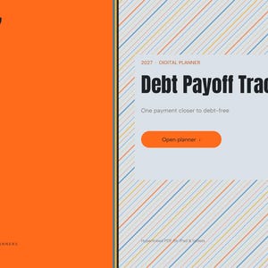 May include: A digital planner interface for 2027 titled Debt Payoff Tracker. The layout features a solid orange left panel with the year 2027 and a light gray right panel with diagonal stripes, an Open planner button, and text.