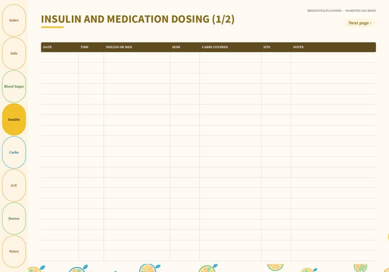 May include: A digital planner page titled Insulin and Medication Dosing (1/2) with a brown header row containing columns for Date, Time, Insulin or Med, Dose, Carbs Covered, Site, and Notes. A vertical tab menu is on the left side.