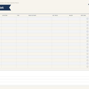 May include: A digital college application planner page titled College List with the year 2026-27. The layout features a table with columns for college, location, type, reach or safe, net price, major, and applying with checkboxes and a notes section.