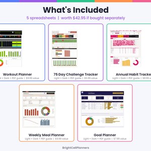 May include: A digital bundle featuring five distinct spreadsheets: a Workout Planner, a 75 Day Challenge Tracker, an Annual Habit Tracker, a Weekly Meal Planner, and a Goal Planner. Each section displays data visualizations, charts, and progress tracking tools.