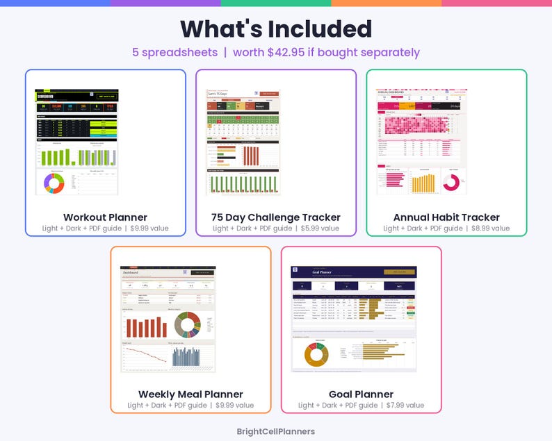 May include: A digital bundle featuring five distinct spreadsheets: a Workout Planner, a 75 Day Challenge Tracker, an Annual Habit Tracker, a Weekly Meal Planner, and a Goal Planner. Each section displays data visualizations, charts, and progress tracking tools.