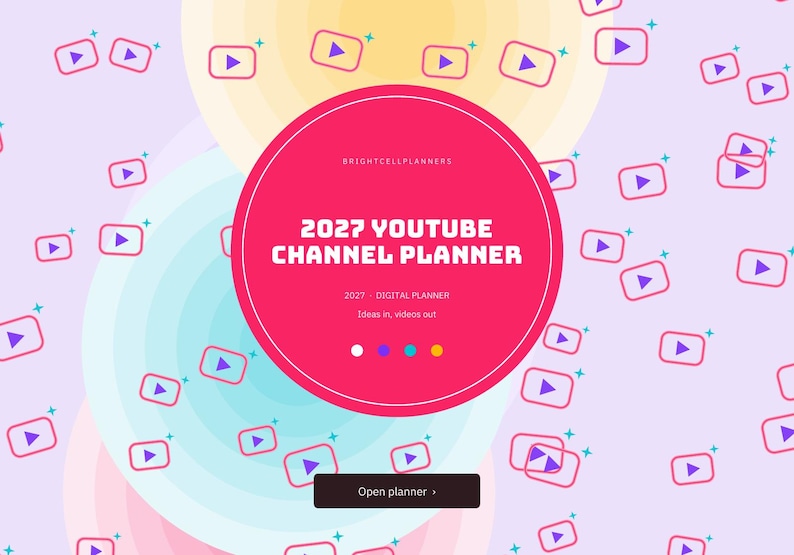Op de afbeelding: Een digitale 2027 YouTube Channel Planner met een felroze cirkel in het midden met de tekst 2027 YOUTUBE CHANNEL PLANNER, BRIGHTCELLPLANNERS, 2027 - DIGITAL PLANNER en Ideas in, videos out, op een lichtpaarse achtergrond met verspreide YouTube-pictogrammen.