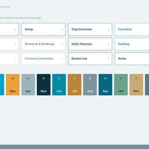 Puede incluir: Una interfaz de planificador de viajes digital para 2027 con una p&aacute;gina de &iacute;ndice que incluye mosaicos de navegaci&oacute;n para Year at a glance, Setup, Trip Overview, Travelers, Budget, Research & Bookings, Daily Itinerary, Packing, To-Do, Currency Converter, Bucket List y Notes.