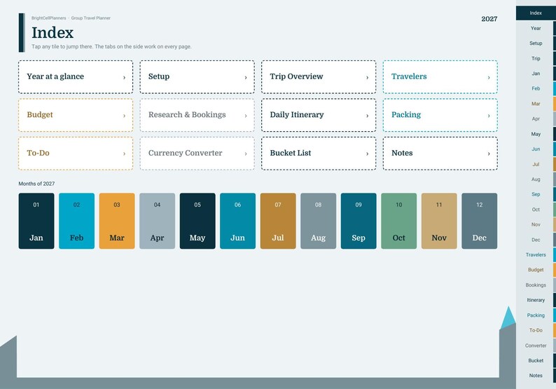 Puede incluir: Una interfaz de planificador de viajes digital para 2027 con una p&aacute;gina de &iacute;ndice que incluye mosaicos de navegaci&oacute;n para Year at a glance, Setup, Trip Overview, Travelers, Budget, Research & Bookings, Daily Itinerary, Packing, To-Do, Currency Converter, Bucket List y Notes.