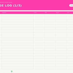Puede incluir: Una p&aacute;gina de planificador de registro de kilometraje digital con un encabezado rosa brillante que presenta el texto MILEAGE LOG (1/3) y un bot&oacute;n Next page. La cuadr&iacute;cula incluye columnas para fecha, prop&oacute;sito, inicio, fin, millas y vencimiento. Una barra lateral lista los meses.