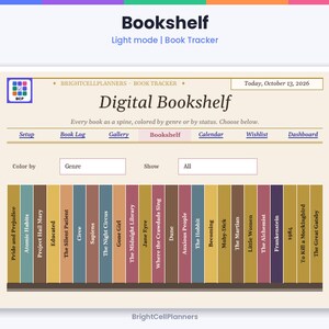 May include: A digital bookshelf interface titled Digital Bookshelf by BrightCellPlanners. The layout features a navigation menu, a date of October 13, 2026, and a row of vertical book spines labeled with various book titles in different colors.