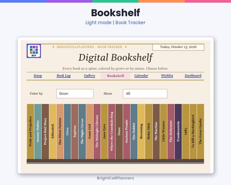 May include: A digital bookshelf interface titled Digital Bookshelf by BrightCellPlanners. The layout features a navigation menu, a date of October 13, 2026, and a row of vertical book spines labeled with various book titles in different colors.